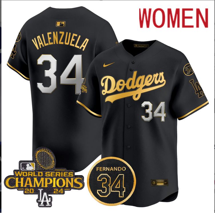 Women MLB Los Angeles Dodgers #34 Valenzuela black 2024 World Series Champions Patch Limited Jersey->women mlb jersey->Women Jersey